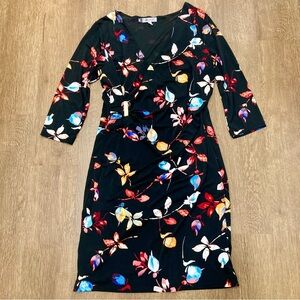 Jennifer Lopez Black Floral Faux Wrap Dress Size Large 3/4 Length Sleeves